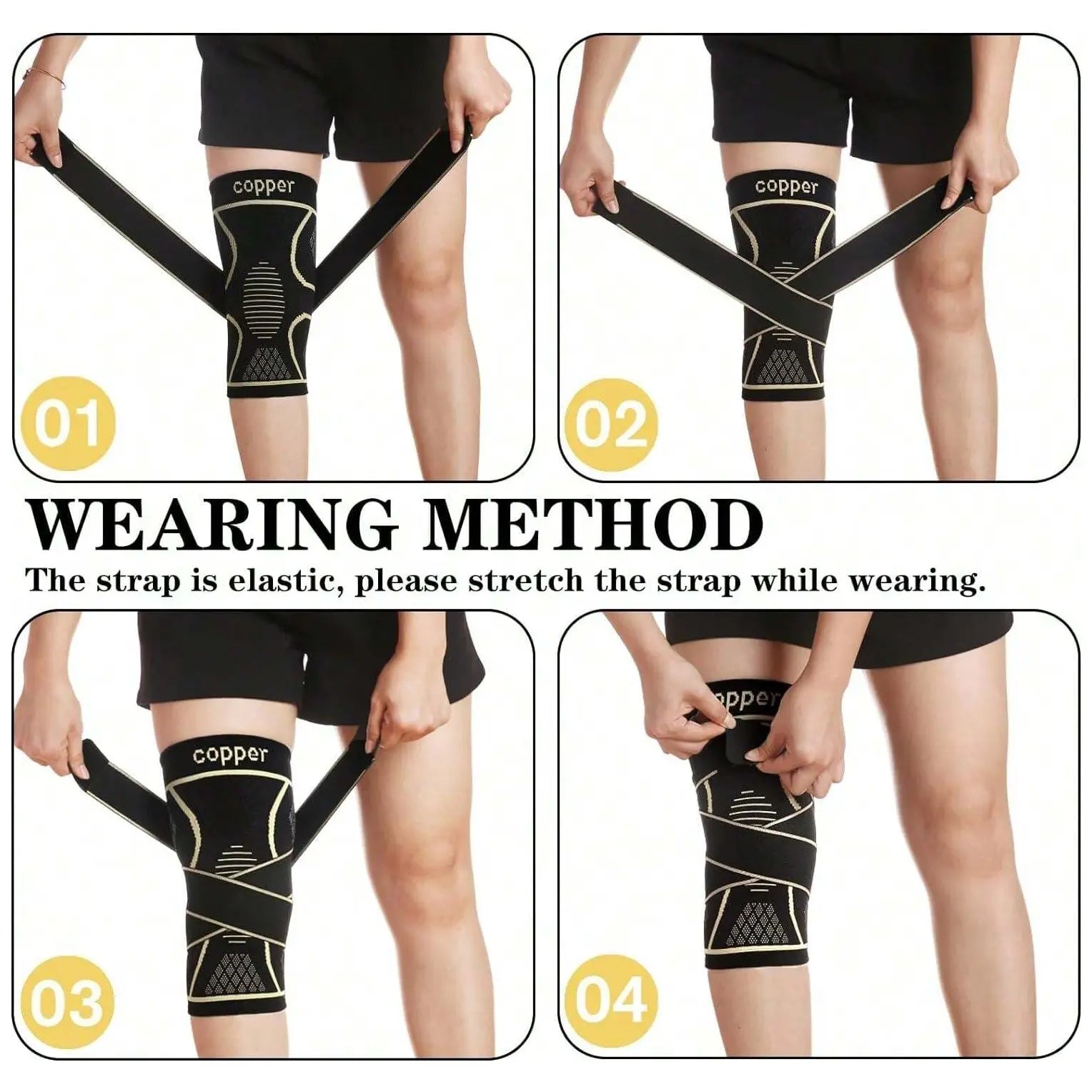 Copper Knee Brace with Strap, Compression Sleeve for Knee Support & Stability, Modern Design Durable Nylon-Blend Knee Compression Wrap, Sports Knee Brace, Patellar Knee Brace, Knee Saver, Knee Wraps, Knee Stabilizer