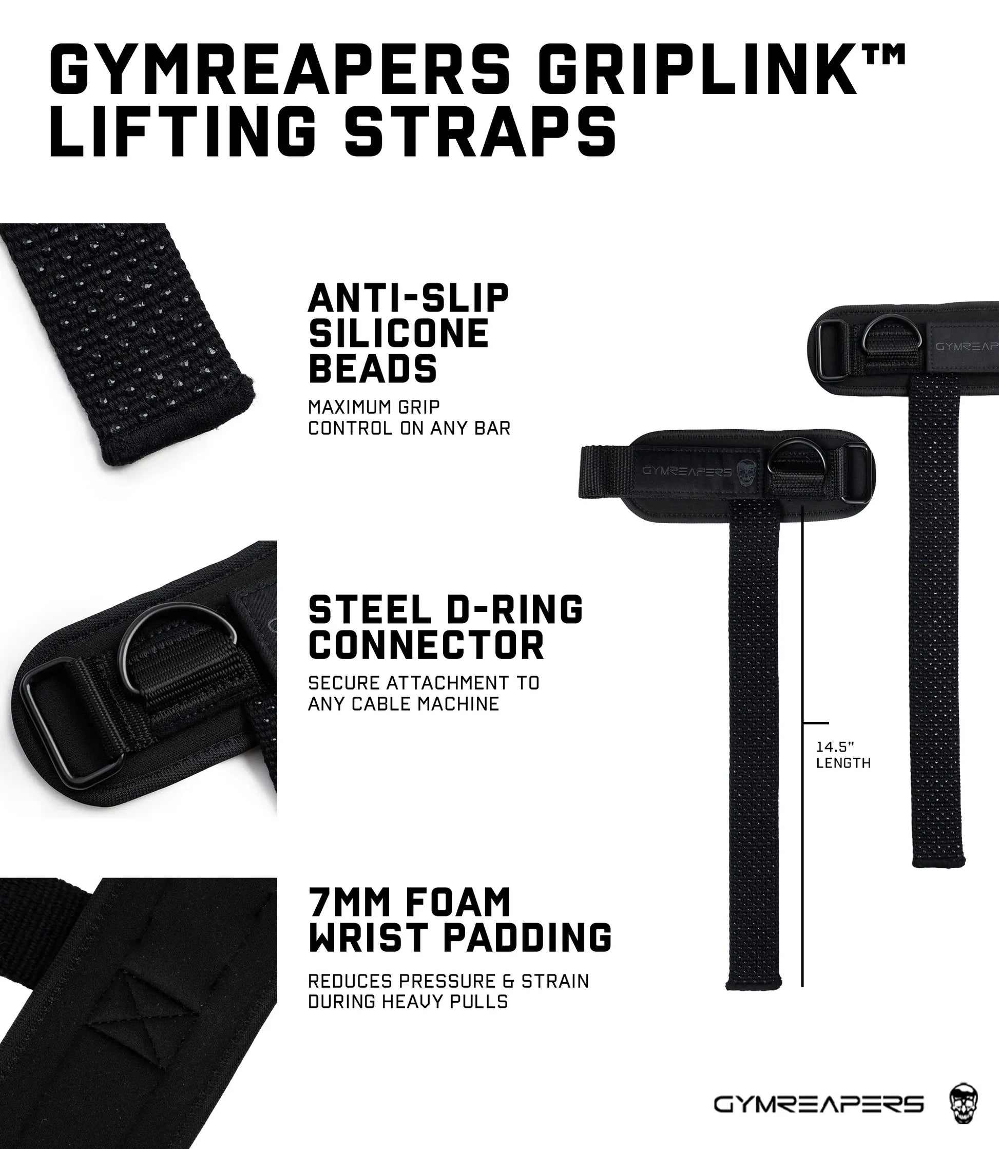 Gymreapers Griplink Lifting Straps with Cushioned Wrist Cuff 14.5" Cotton Strap Anti-Slip Silicone Beads 5Mm Steel D-Ring for Free-Weight & Cable Training