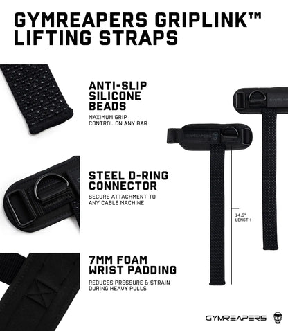 Gymreapers Griplink Lifting Straps with Cushioned Wrist Cuff 14.5" Cotton Strap Anti-Slip Silicone Beads 5Mm Steel D-Ring for Free-Weight & Cable Training