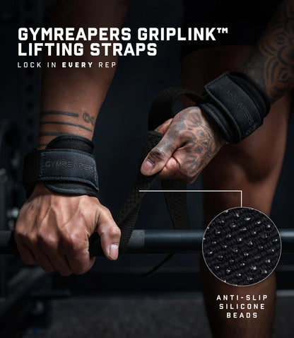 Gymreapers Griplink Lifting Straps with Cushioned Wrist Cuff 14.5" Cotton Strap Anti-Slip Silicone Beads 5Mm Steel D-Ring for Free-Weight & Cable Training