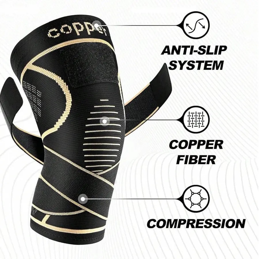 Copper Knee Brace with Strap, Compression Sleeve for Knee Support & Stability, Modern Design Durable Nylon-Blend Knee Compression Wrap, Sports Knee Brace, Patellar Knee Brace, Knee Saver, Knee Wraps, Knee Stabilizer